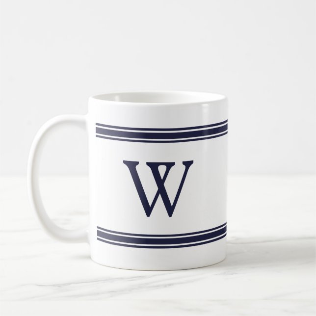 Monogram Navy Blue Stripe Personlig mugg (Vänster)