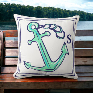 Monogram Navy Grönt Anchor Nautical Boat Kudde