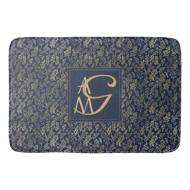Monogram Navy Guld Löv Newlyweds Home Decor Gift Badrumsmatta (Framsidan)