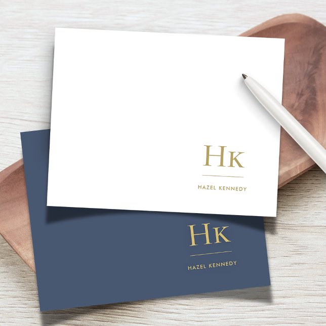 Monogram Navy Guld Simple Elegant Social Notecard Anteckningskort (Skapare uppladdad)