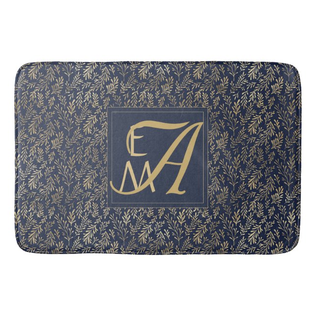 Monogram Navy Guldblad Nyförlovade Hemdekorationsp Badrumsmatta (Framsidan)