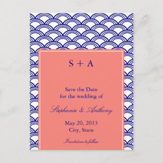 Monogram Navy och Coral Seigaiha Mönster Bröllop Meddelande Vykort