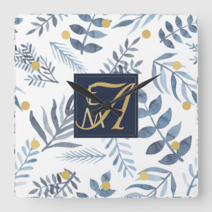 Monogram Navyblå Guld Botaniska blad Ormbunkar Fyrkantig Klocka