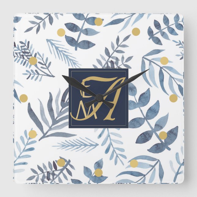 Monogram Navyblå Guld Botaniska blad Ormbunkar Fyrkantig Klocka (Framsida)