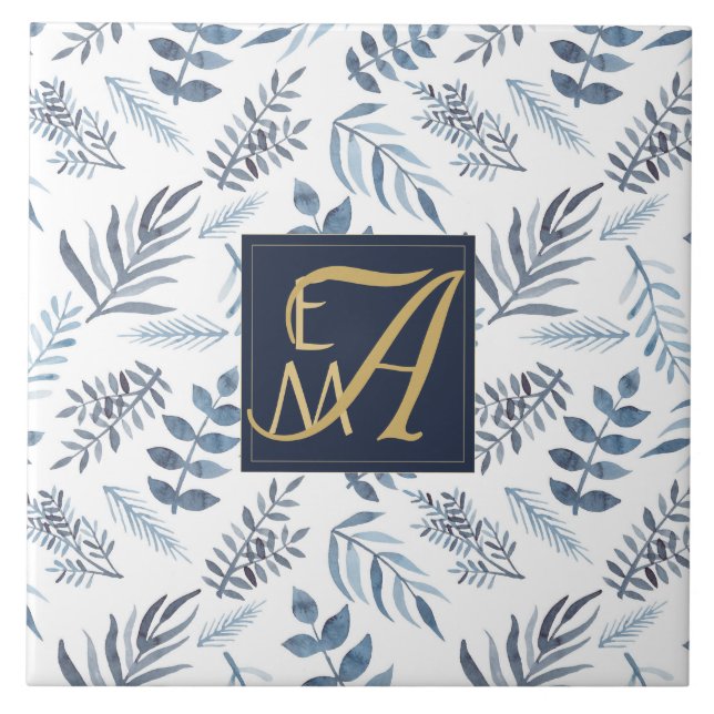 Monogram Navyblå Guld Botaniska blad Ormbunkar Kakelplatta (Framsidan)