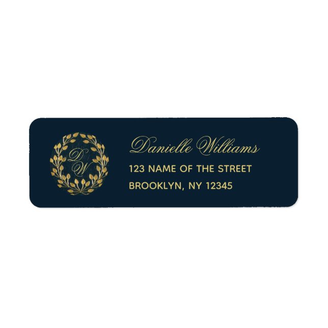 Monogram Navyblå Guldkrans Elegant Kalligrafi Returadress Etikett (Framsidan)