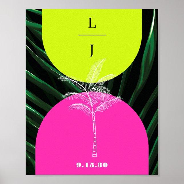 Monogram Neon Arches Tropical Handflatan Träd Bröl Poster (Framsidan)
