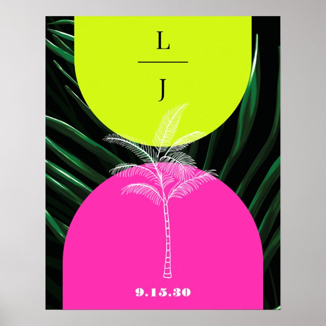 Monogram Neon Arches Tropical Handflatan Träd Bröl Poster (Framsidan)