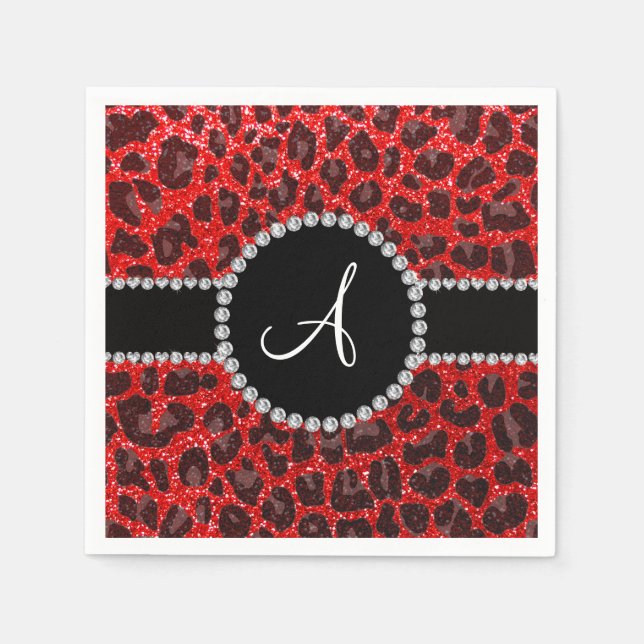 Monogram neon red glitter leopard pappersservett (Framsidan)