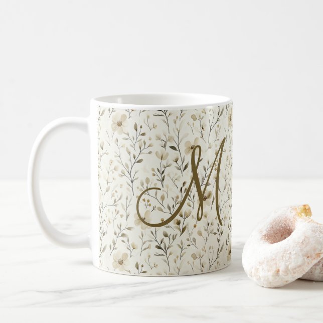 Monogram Neutral Boho Blommor Vilda Blommor Blommo Kaffemugg (Med munk)