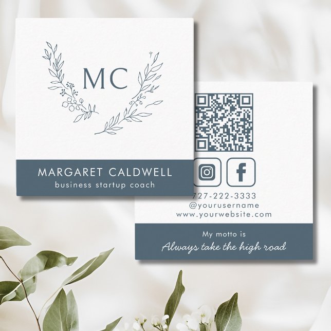 Monogram Neutralt av utandning Slate Grått Fyrkantigt Visitkort (Slate Gray Monogram Wreath Social Media Square Business Card)