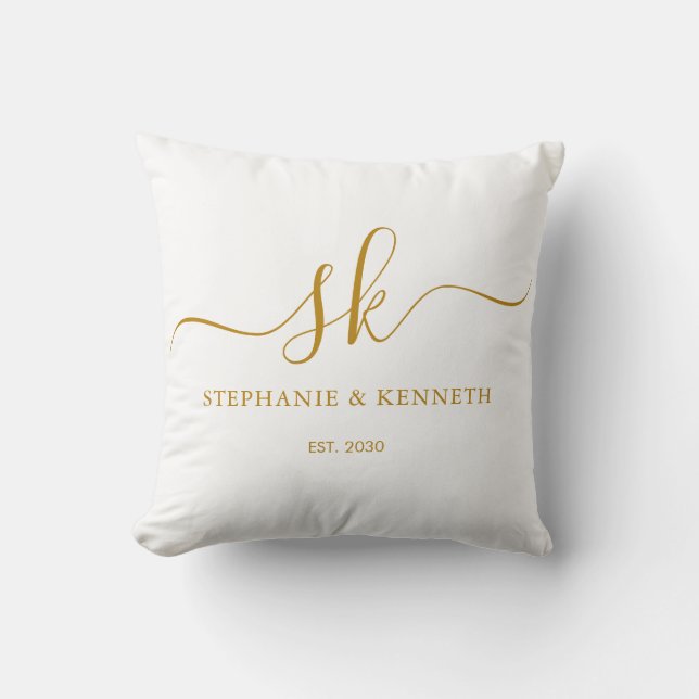 Monogram Newlyweds Guld Bröllop Gift Kudde (Framsida)