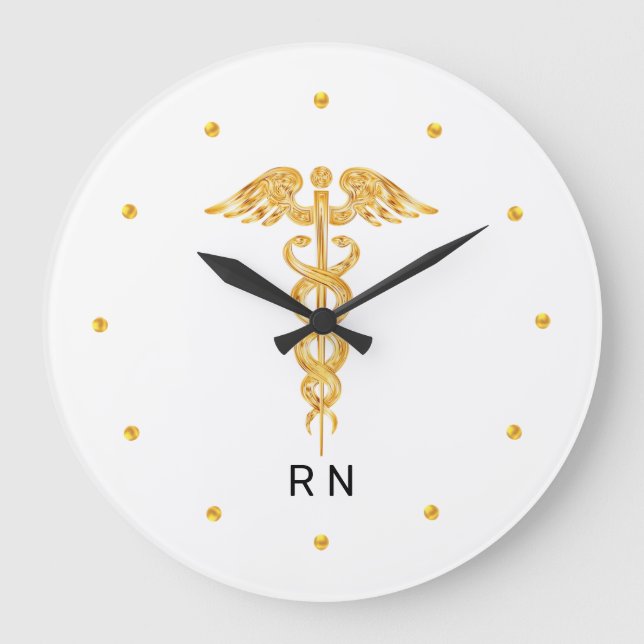Monogram Nurse Golden Caduceus på White Stor Klocka (Framsida)