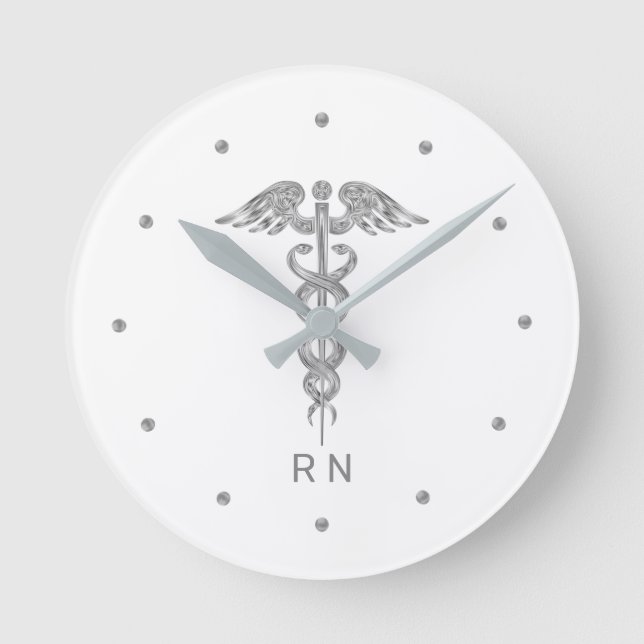 Monogram Nurse Silver Grått Caduceus på White Rund Klocka (Framsida)