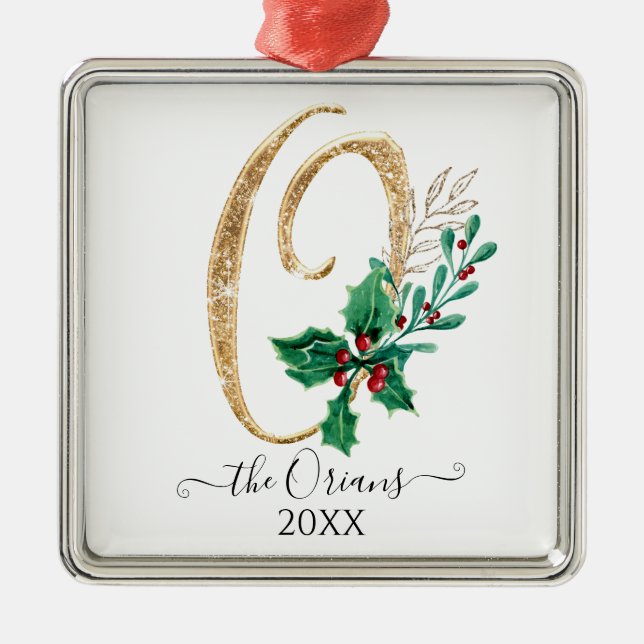 Monogram O Guld Glitter jul Holly Foliage Julgransprydnad Metall (Framsidan)