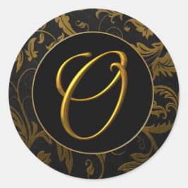 Monogram O Guld och Black Damask Wedding Seal Runt Klistermärke