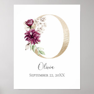 Monogram O Rosa White Blommigt Guld Brev Nursery Poster