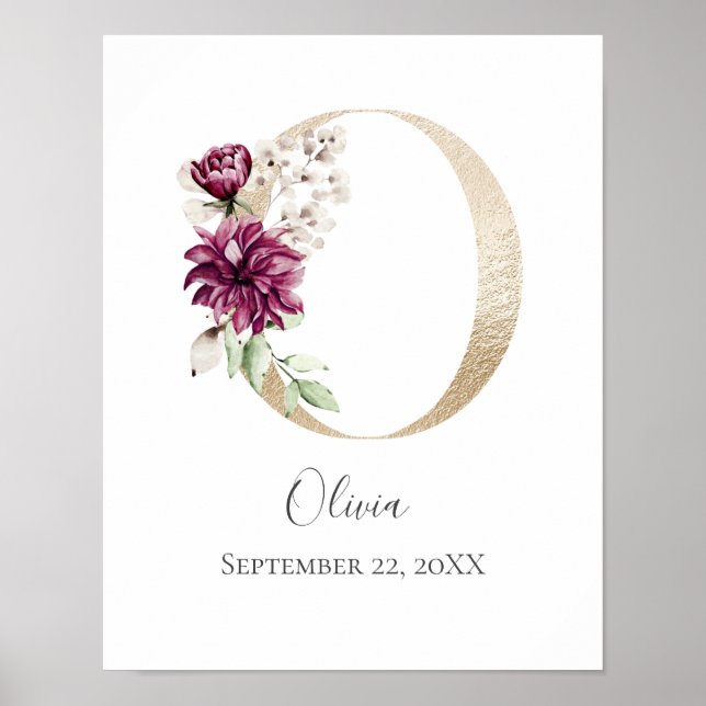 Monogram O Rosa White Blommigt Guld Brev Nursery Poster (Framsidan)