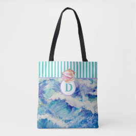 Monogram Ocean med Seashell / blue rand Tote Tygkasse