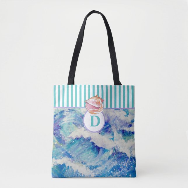Monogram Ocean med Seashell / blue rand Tote Tygkasse (Framsida)