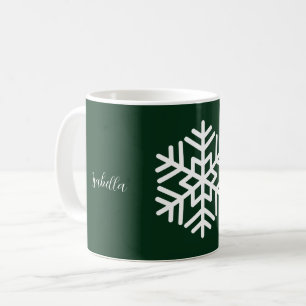 Monogram och Big White Snowflake på Forest Grönt Kaffemugg
