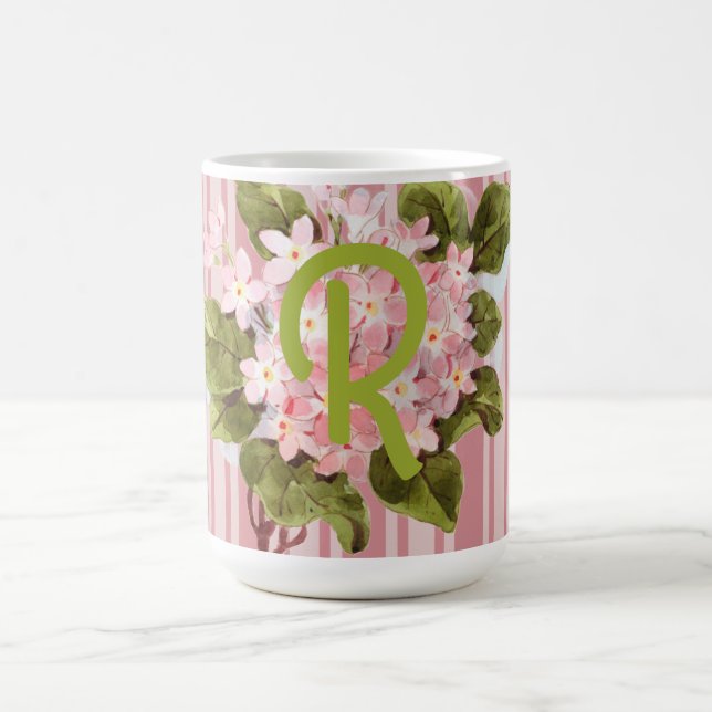 Monogram och blommor på rosa ränder kaffemugg (Center)