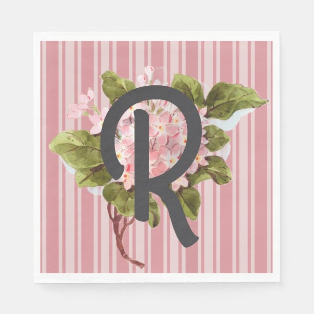Monogram och blommor på rosa ränder pappersservett (Framsidan)