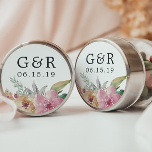 Monogram och datum för målade blommor Bröllop Runt Klistermärke