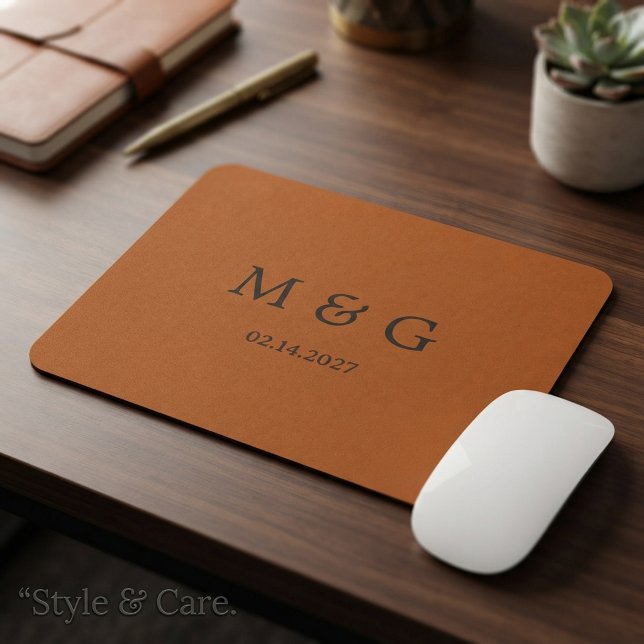 Monogram och datum Lyxig kopparläderstruktur Musmatta (Monogram and Date Luxury Copper Leather Texture Mouse Pad)