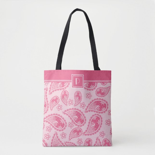 Monogram och ditt namn på Rosa Paisley Mönster Tygkasse (Framsida)