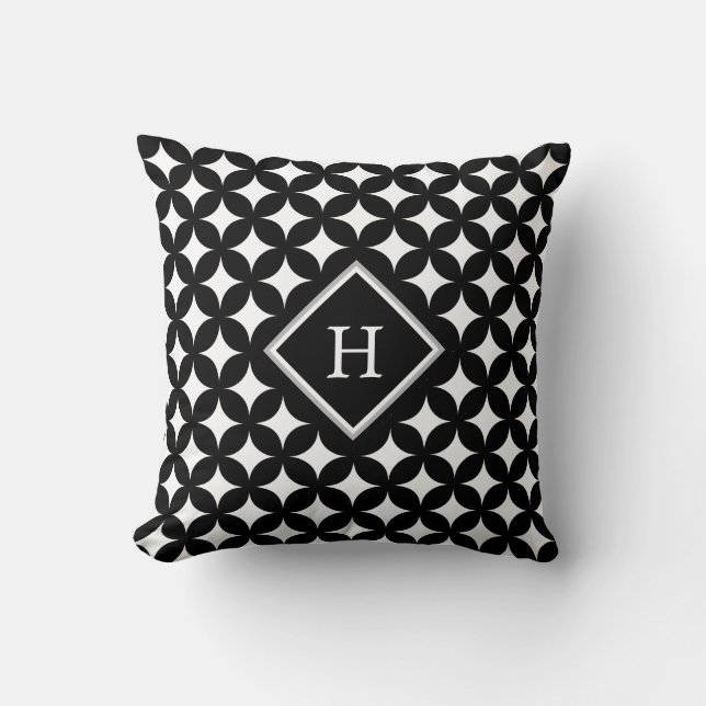 Monogram och fyruddsmönster i svart kudde (Framsida)