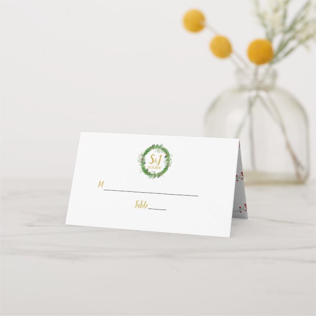 Monogram och Krans | Vintergrön Bröllopsdekor Placeringskort (Framsida)