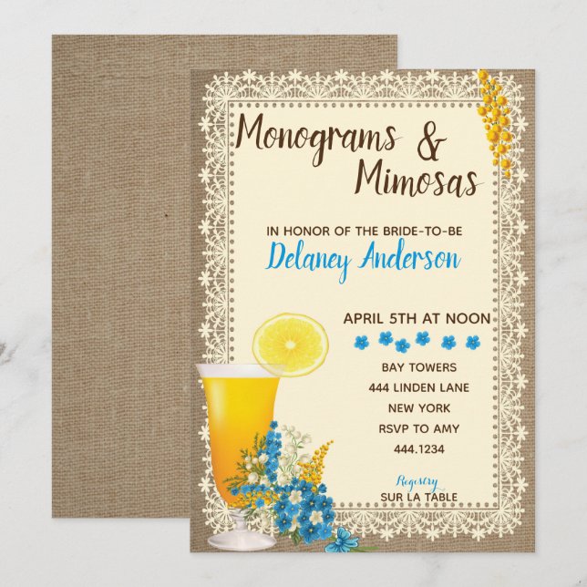 Monogram och Mimosas Inbjudningskort för möhippa (Fram/baksida)