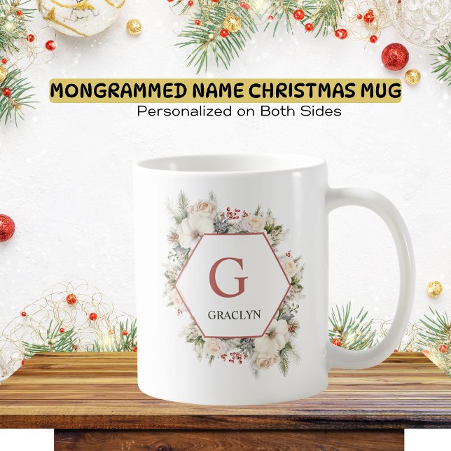 Monogram och Namn jul Greenery Kaffemugg (Skapare uppladdad)