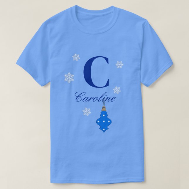 Monogram och Namn med blå ornament T Shirt (Design framsida)