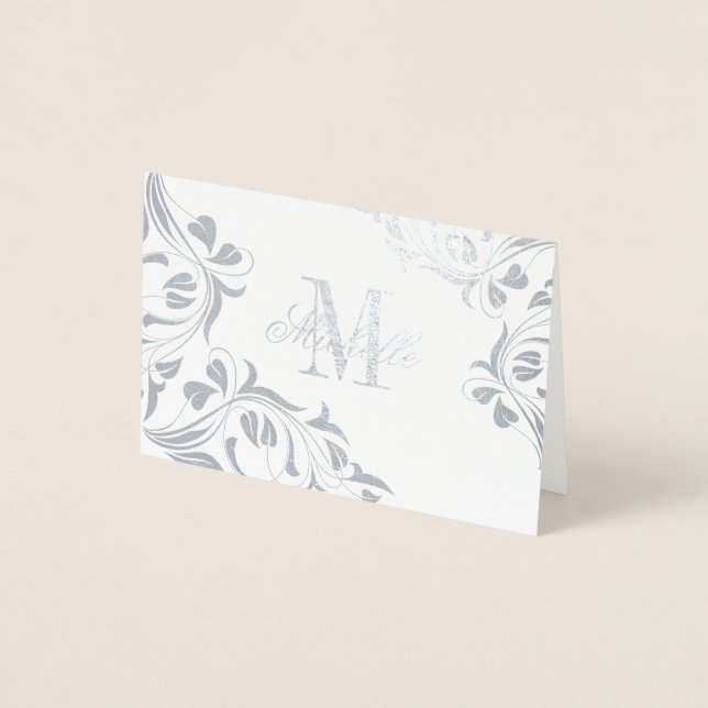 Monogram och Namn med Blommigt Design Folierat Kort (Framsida)