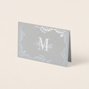 Monogram och Namn med Blommigt Gräns Folierat Kort