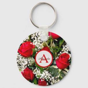 Monogram och namn om den moderna röd ros-bouquet nyckelring