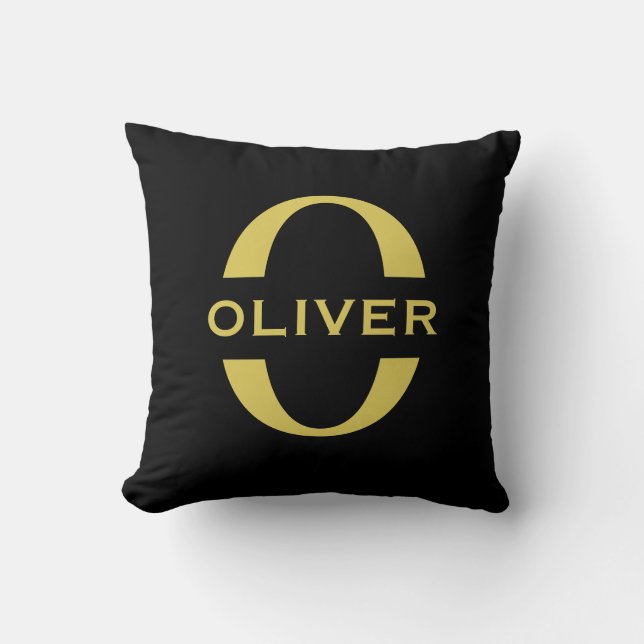Monogram och Namn, svart och Guld Personlig Kudde (Framsida)