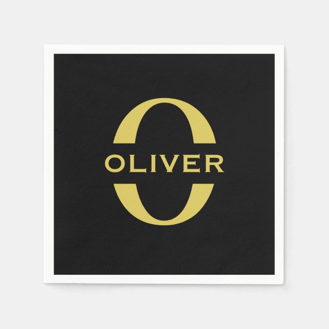 Monogram och Namn, svart och Guld Personlig Pappersservett (Framsidan)