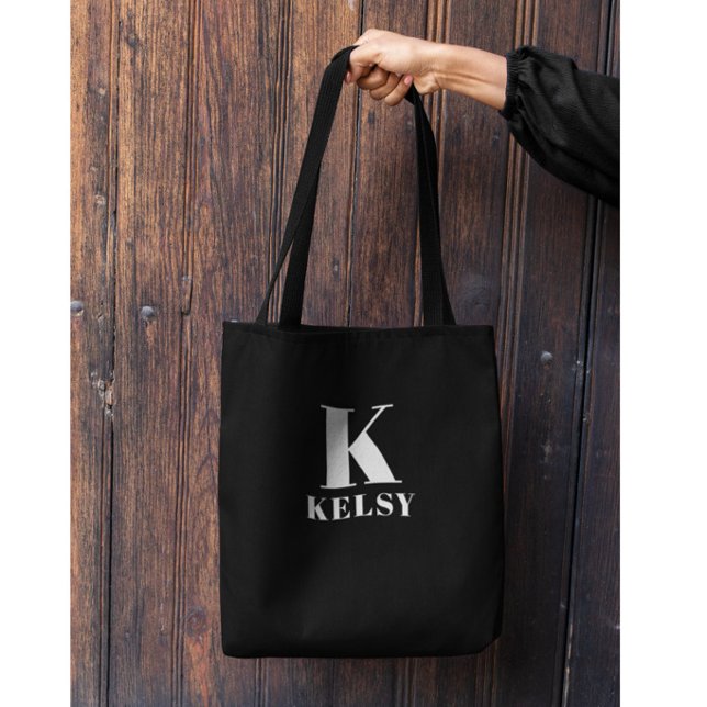 Monogram och namn svart-vit totebag tygkasse (Skapare uppladdad)