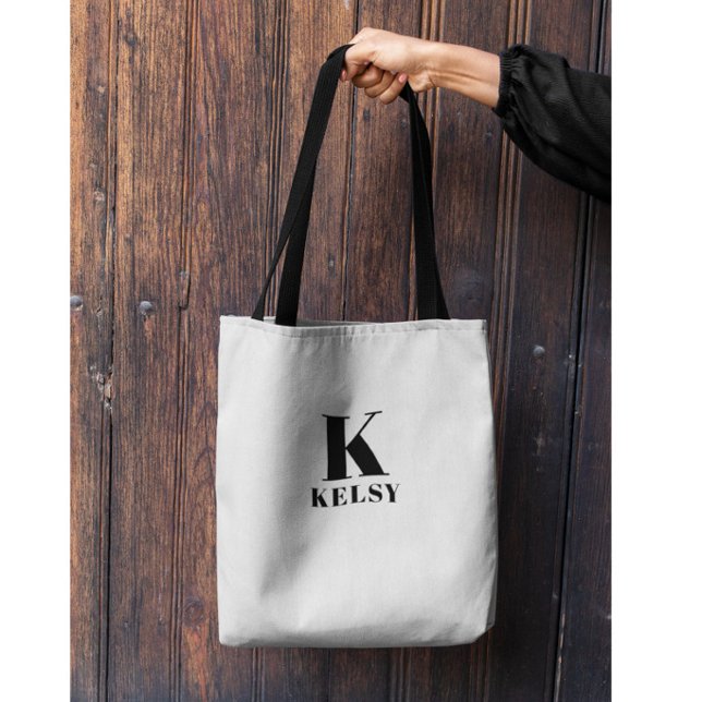Monogram och namn svart-vit toteväska tygkasse (Skapare uppladdad)