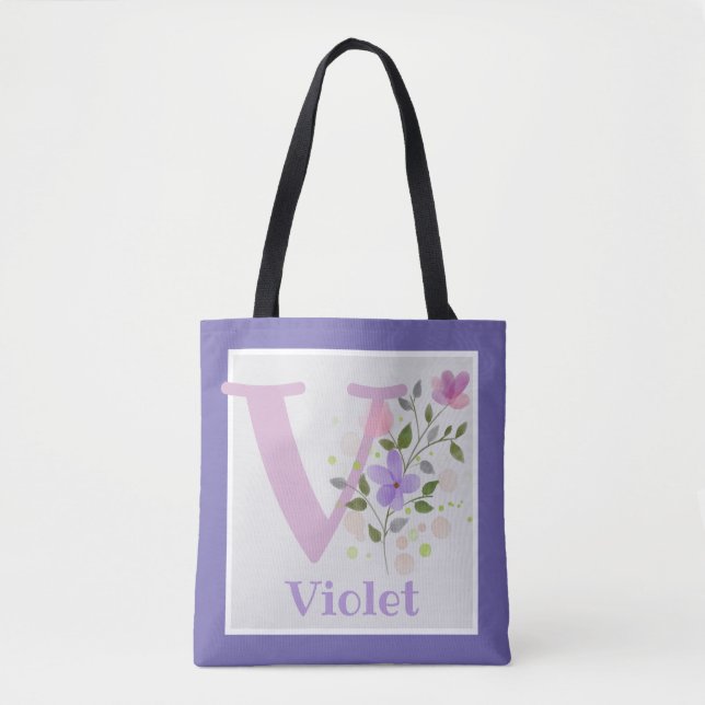 Monogram och Namn Violet med blommor Tygkasse (Framsida)