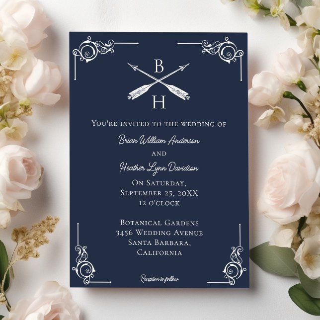 Monogram- och pilbröllop - inbjudan (Navy Blue Monogram and Arrows Wedding Invitation)