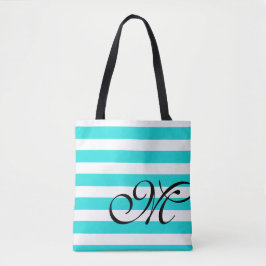 Monogram och Rand Beach Blue Aqua Tote Bag Tygkasse