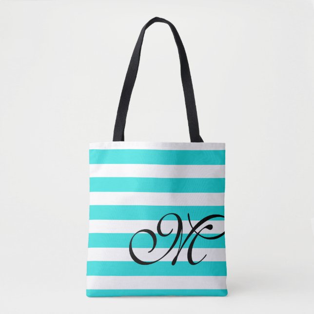 Monogram och Rand Beach Blue Aqua Tote Bag Tygkasse (Framsida)