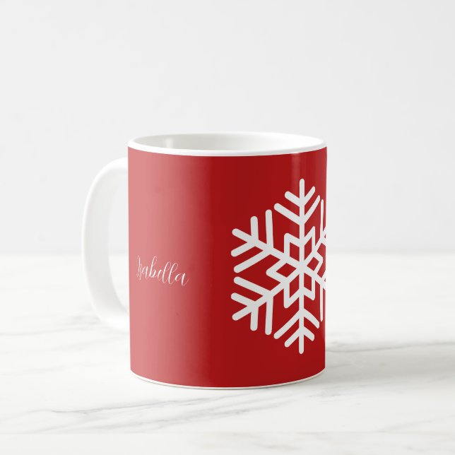 Monogram och stor vit snöflinga på röd kaffemugg (Framsida vänster)