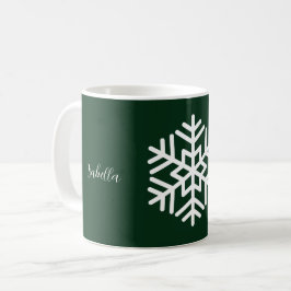 Monogram och stor vit snöflinga på skogsgrön kaffemugg