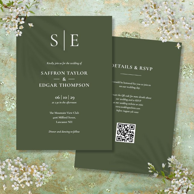 Monogram Oliv grönt QR-kod Bröllop Inbjudningar (Monogram Olive Green QR Code Wedding Invitation)