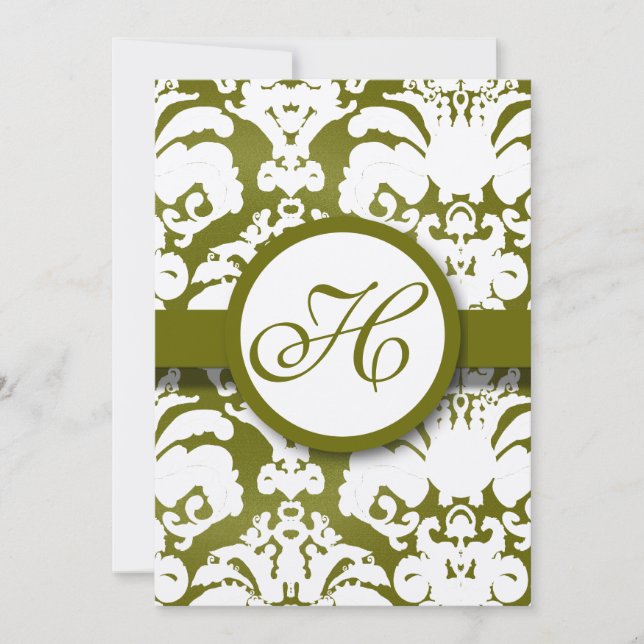 Monogram Olive Damask bröllopsinbjudan Inbjudningar (Framsida)